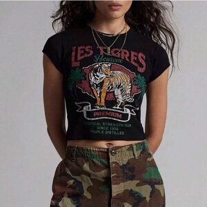 🧡 “Les Tigres Heureux” Black Graphic Fitted Crop Top – Size S